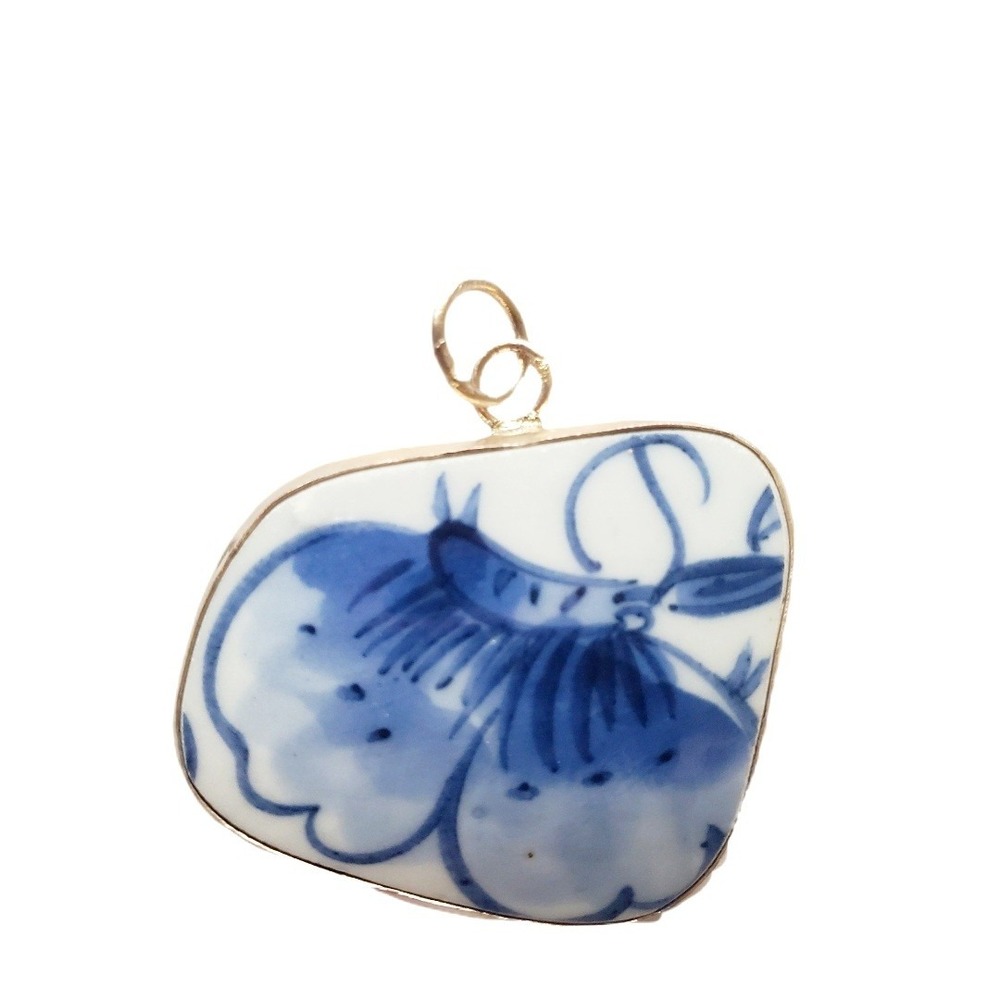 Ming Blue & White Butterfly Pottery Shard Pendant Chinoiserie Broken China Focal